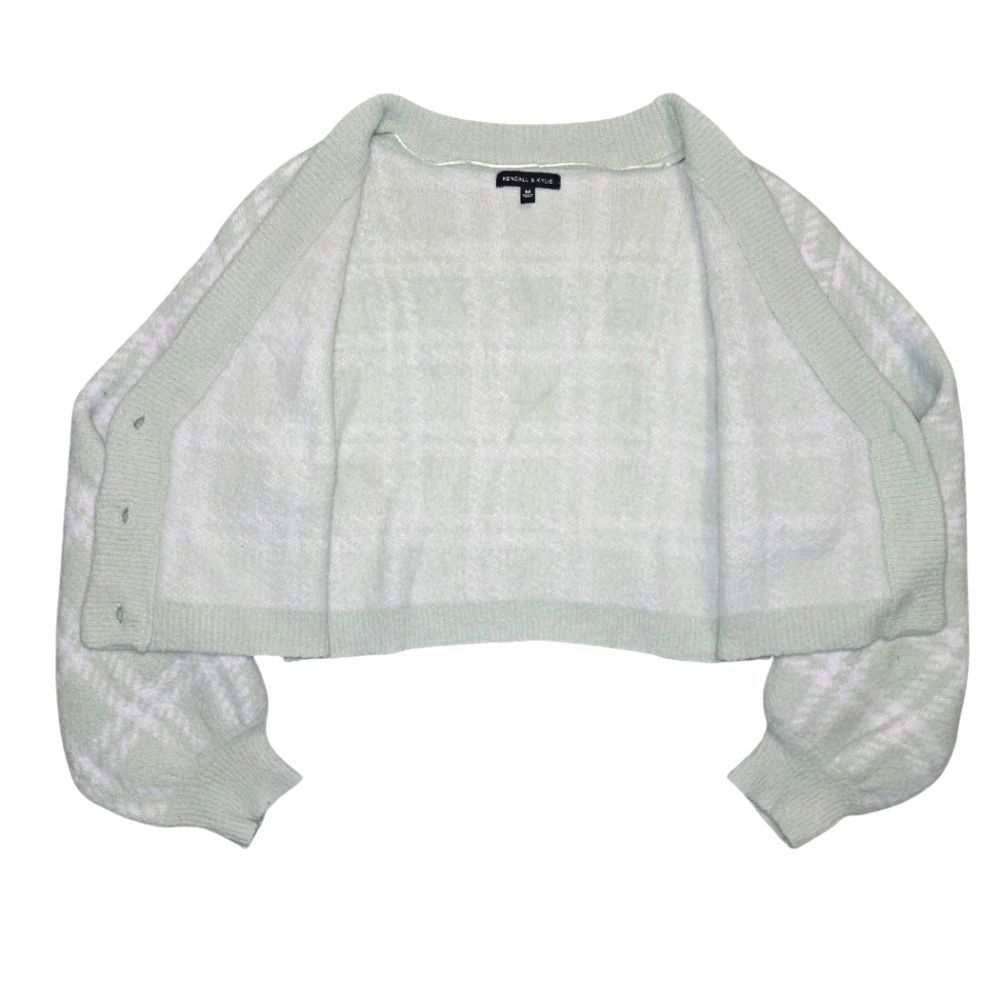 Kendall & Kylie Bambi Long Sleeve Button-Up Sweater Size M Green Plaid Cardigan - Picture 3 of 8